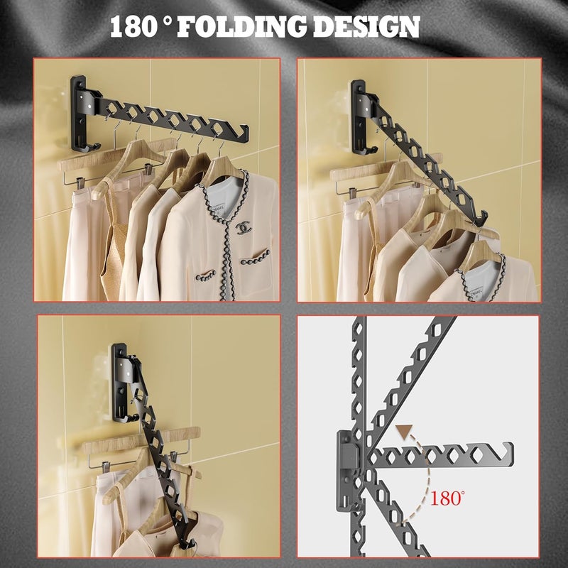 Dr.DJ Wall Mount Coat Hanger Holder Black Clothes Drying Organizer Rack Garment Hooks Aluminium Retractable Folding Indoor Wall Mounted Hanger Space Saver for Laundry Room Bedroom Black 2 Pack with 8 Hooks - Image 4
